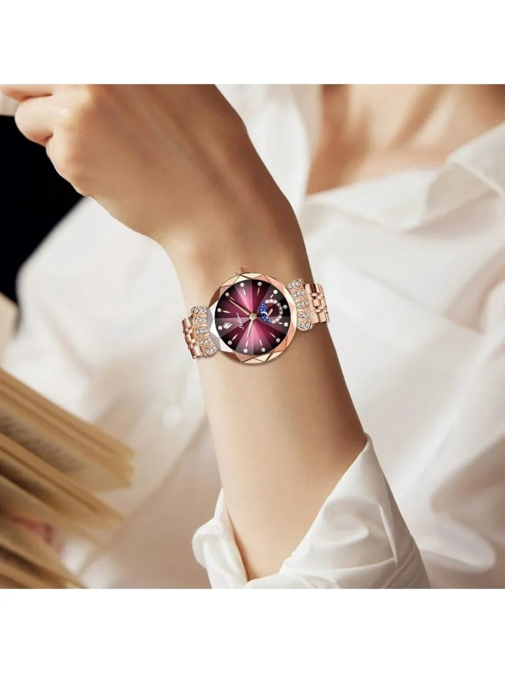 Women's Rose Red Steel Luxury Diamond Dial Stainless Steel Bracelet Wrist Watch